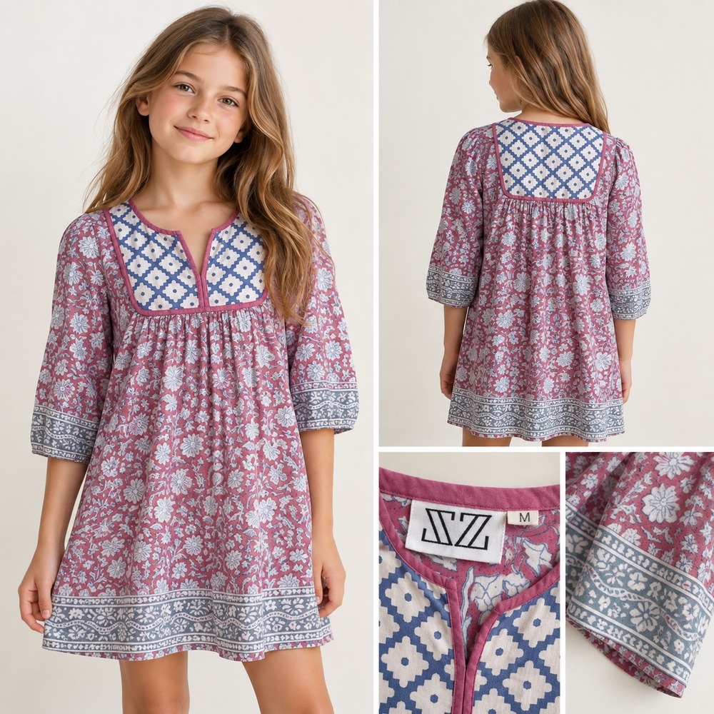 SZ Blockprints Tunic Dress Kids M Pink Blue Floral Boho Cotton Block Print Dress